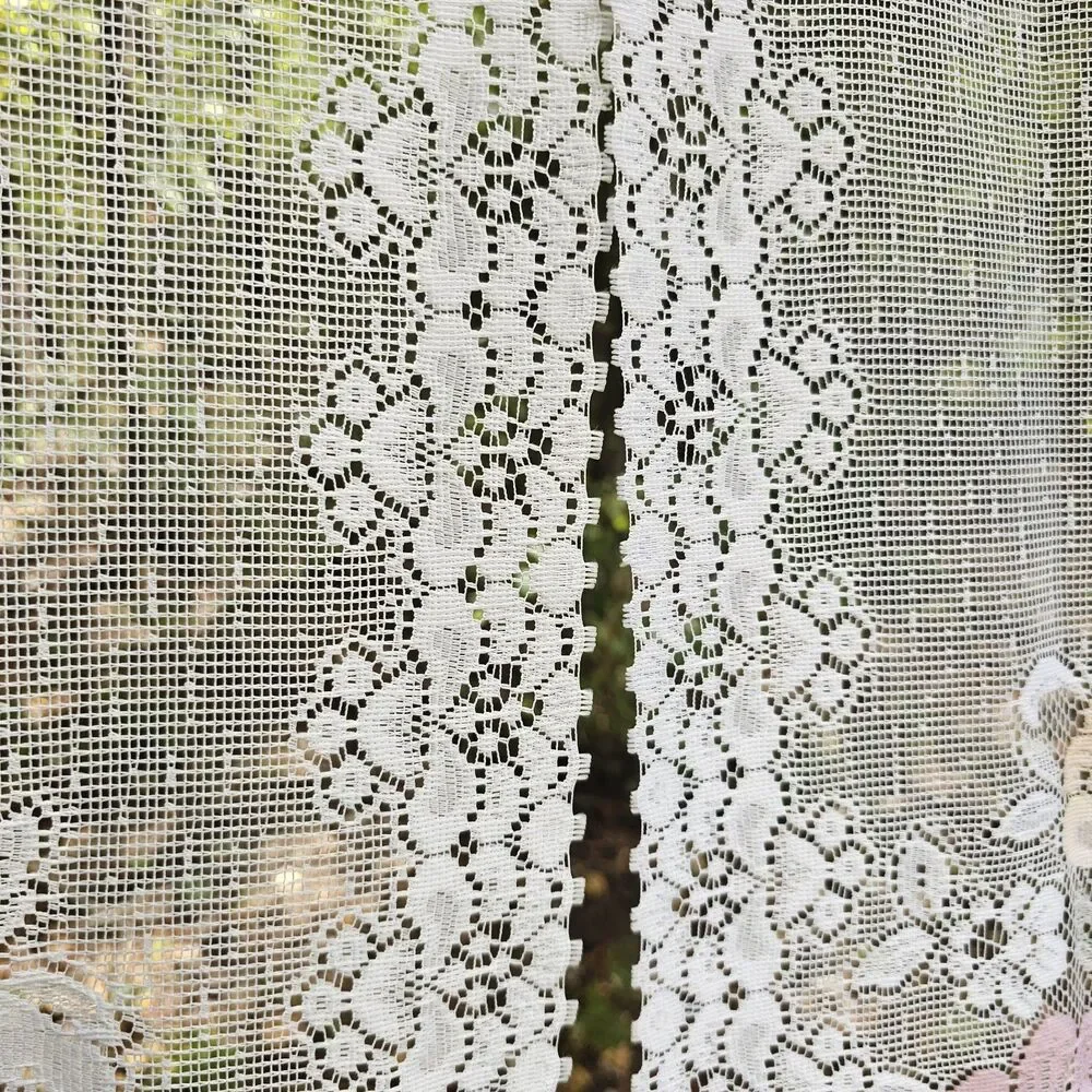 Vintage 90s JCPenney White Lace Curtains Pastel Floral Accents Scalloped Edge